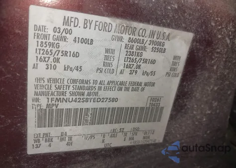 2000 Ford Excursion Limited z USA, uszkodzony, nr VIN 1FMNU42S8YED27580